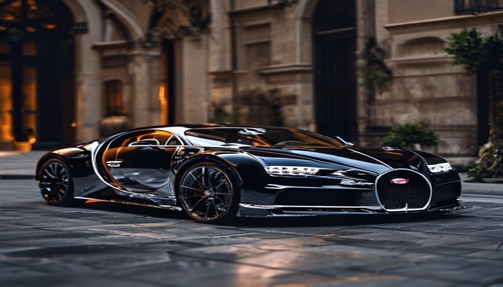 Bugatti la voiture noire em fotografia editorial de luxo