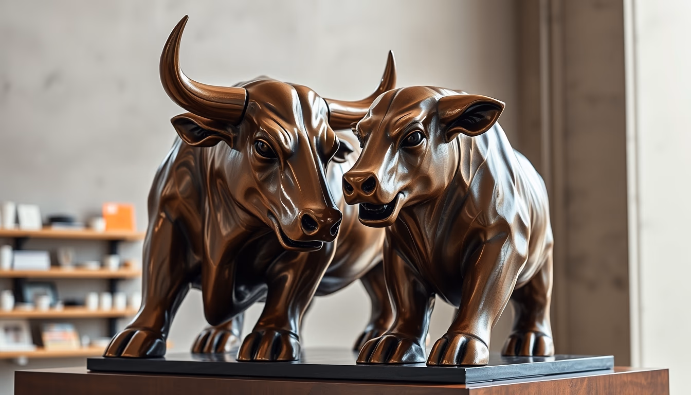 bull and bear market sculpture in editorial style