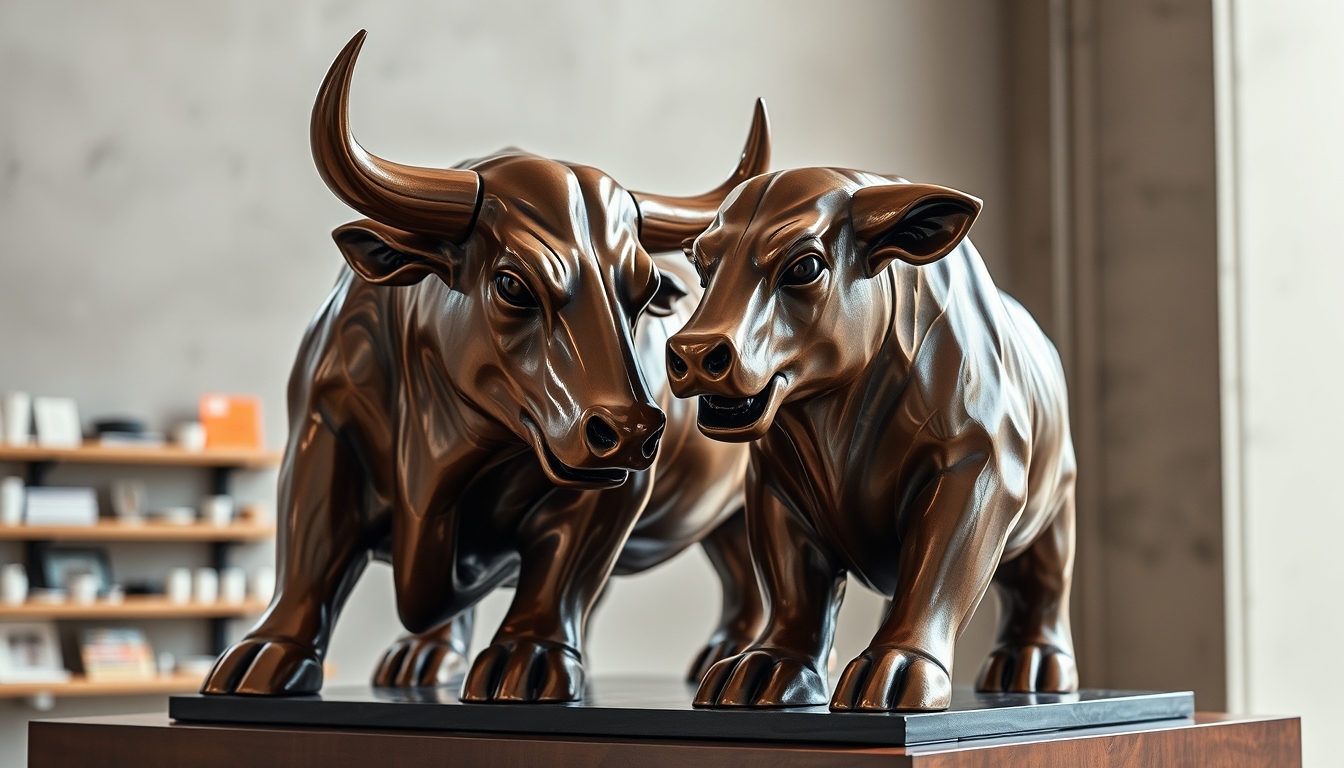 bull and bear market sculpture in editorial style