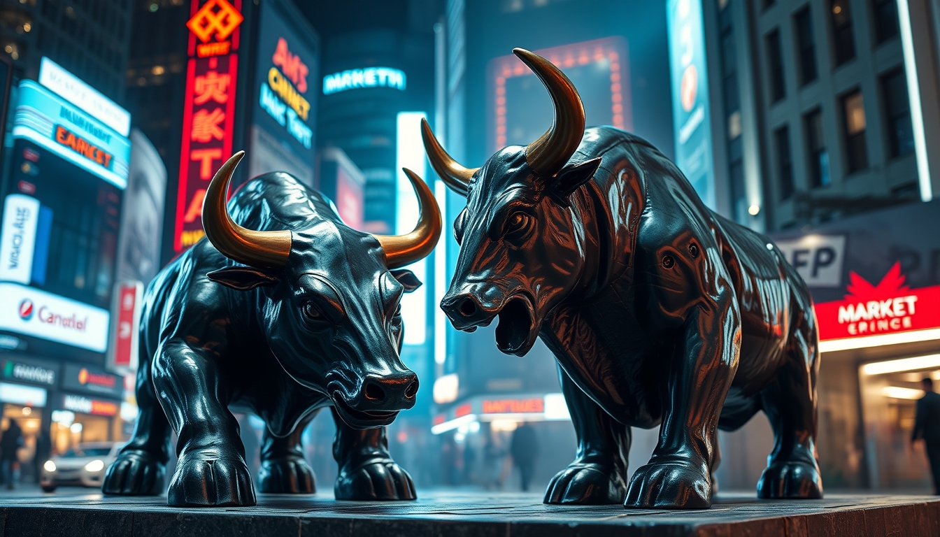 bull and bear market sculpture in editorial style