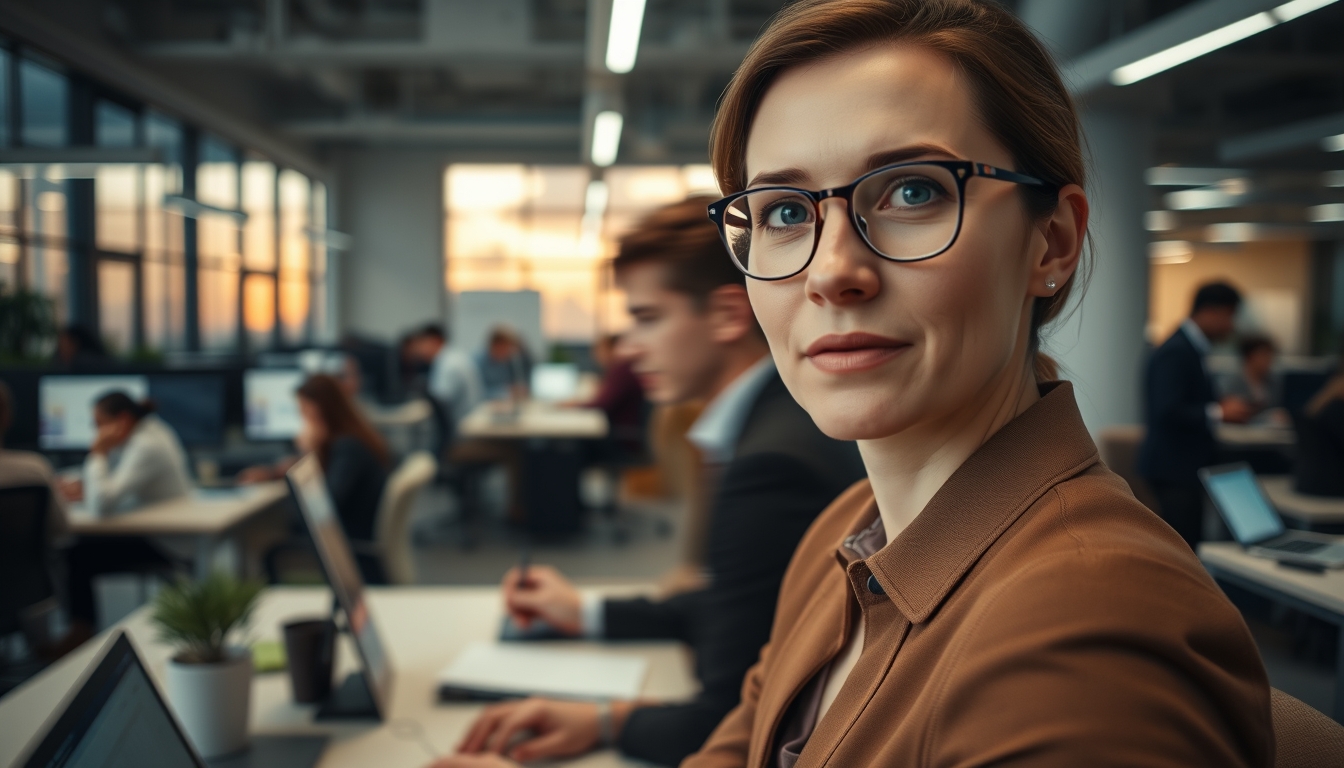 Busy open-plan office with motion blur of people working em estilo editorial