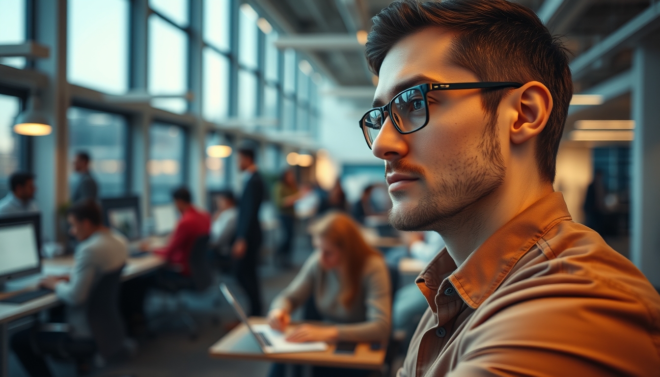 Busy open-plan office with motion blur of people working em estilo editorial