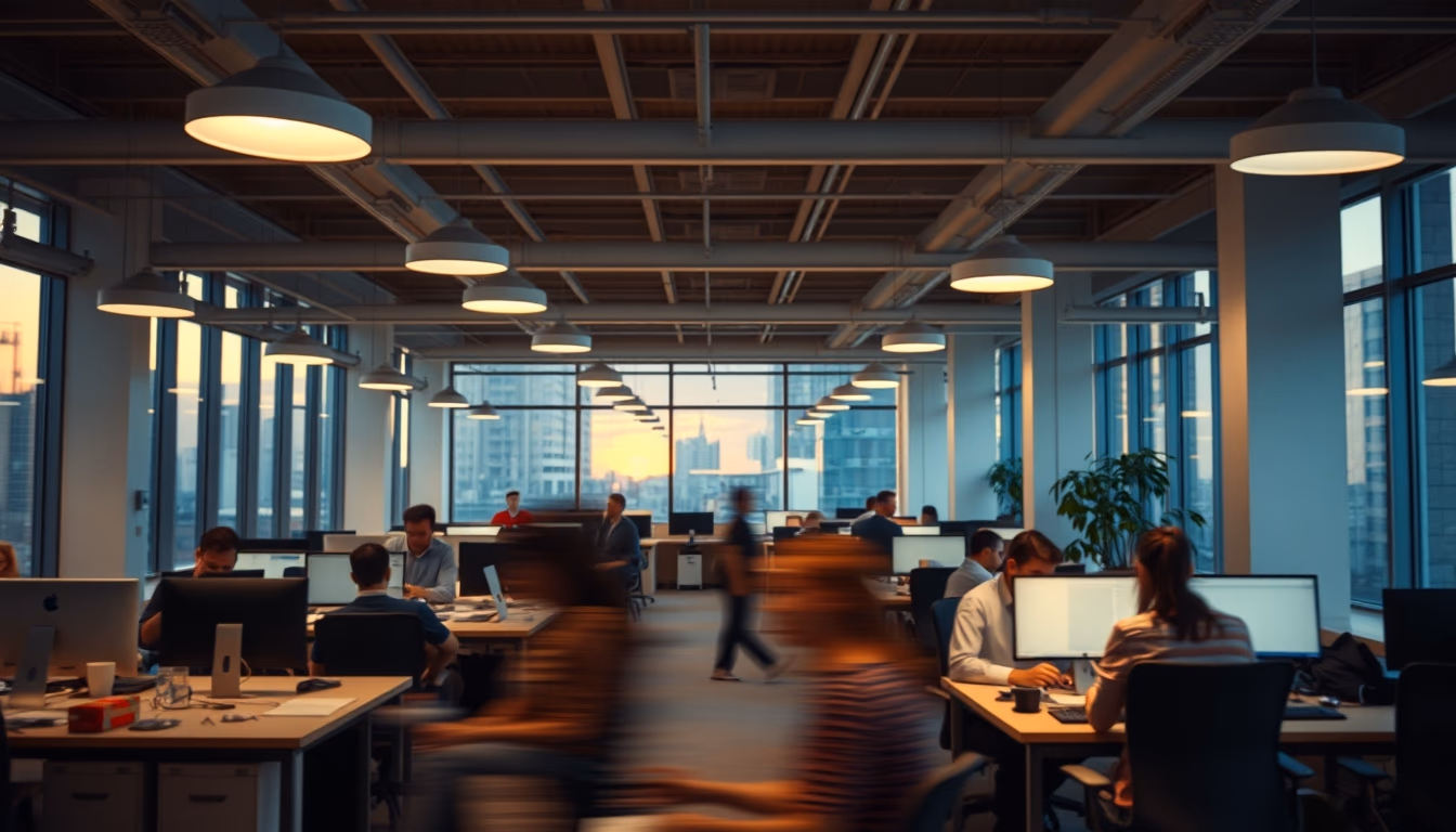 busy open-plan office with motion blur of people working in editorial style
