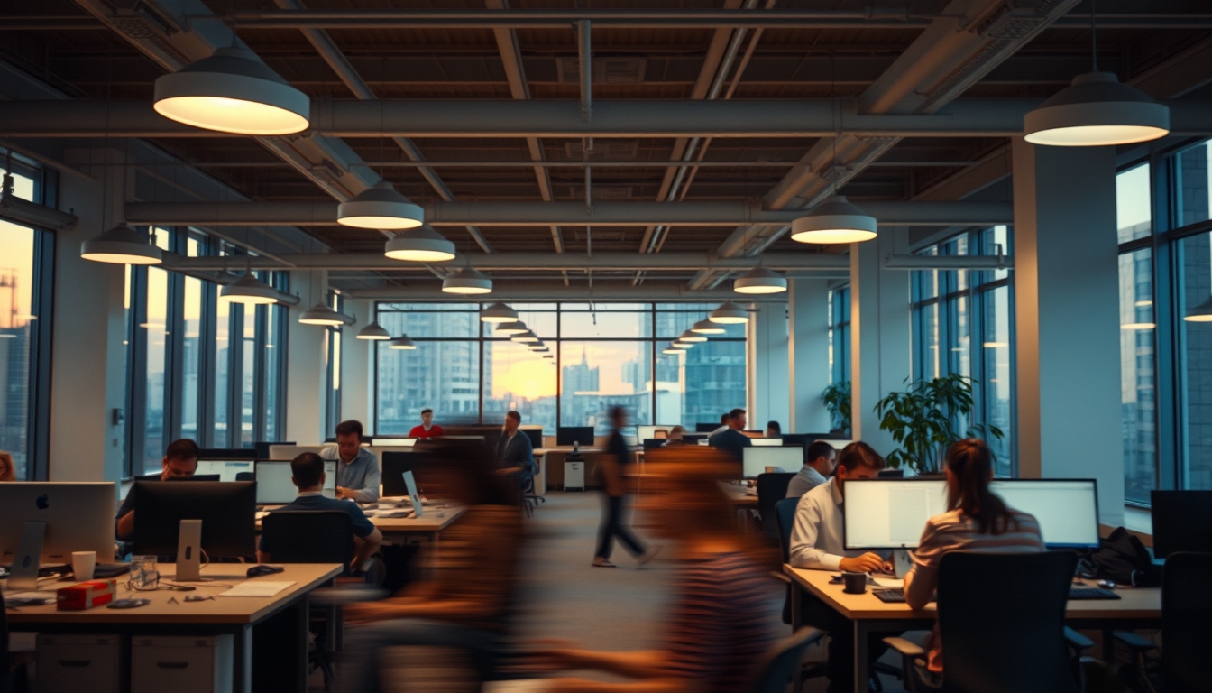 Busy open-plan office with motion blur of people working em estilo editorial