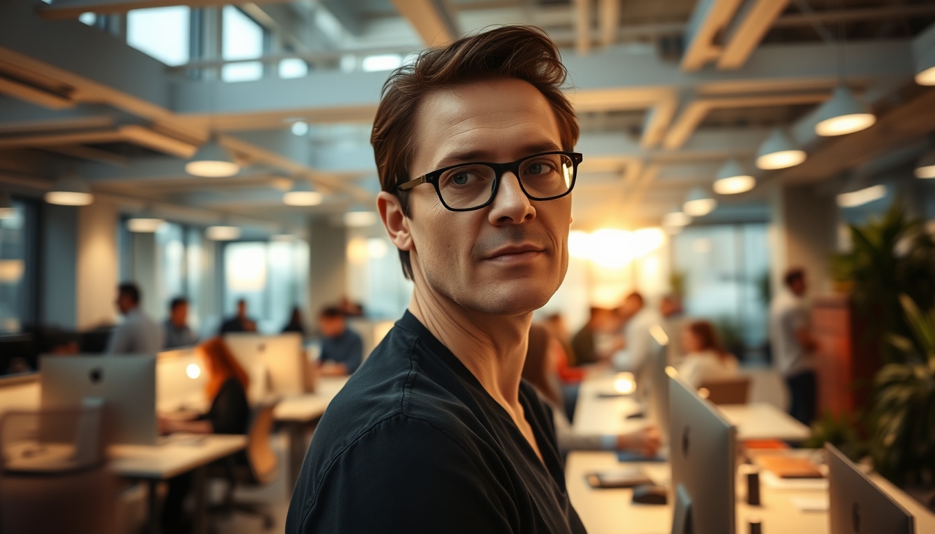 Busy open-plan office with motion blur of people working em estilo editorial