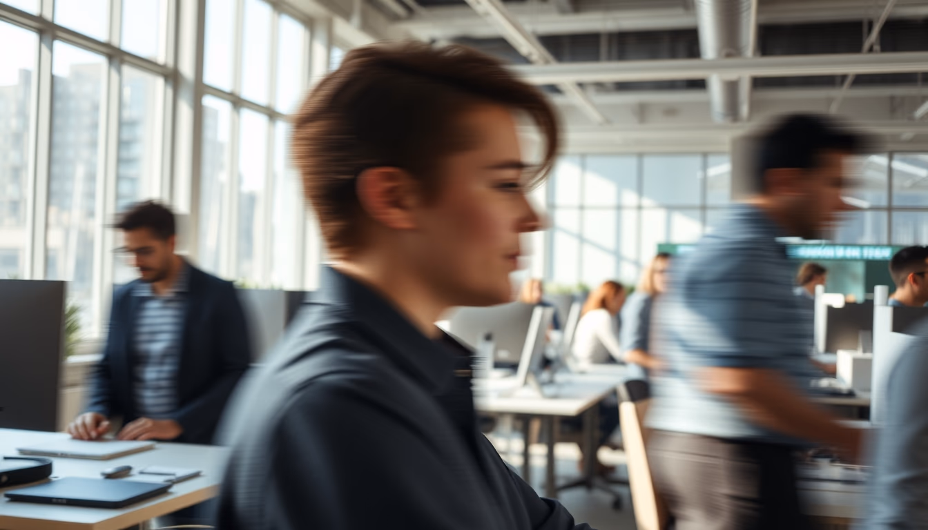 Busy open-plan office with motion blur of people working em estilo editorial
