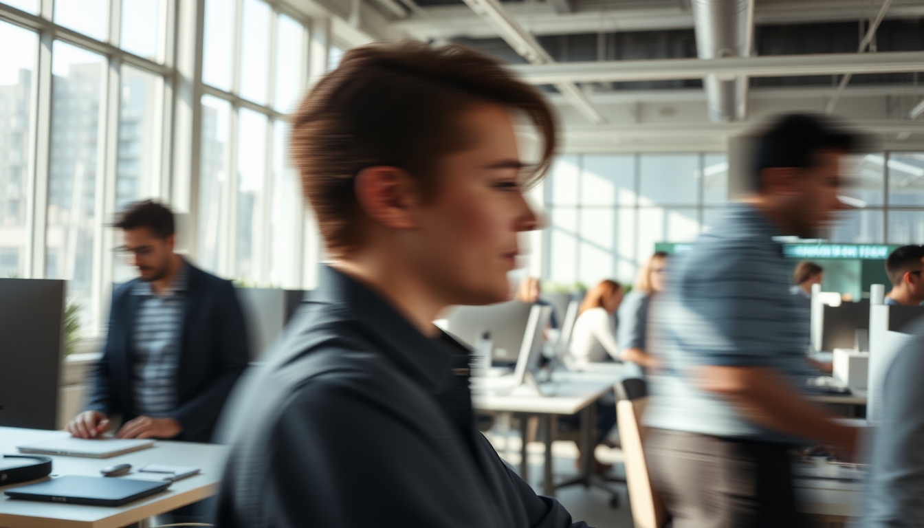 Busy open-plan office with motion blur of people working em estilo editorial