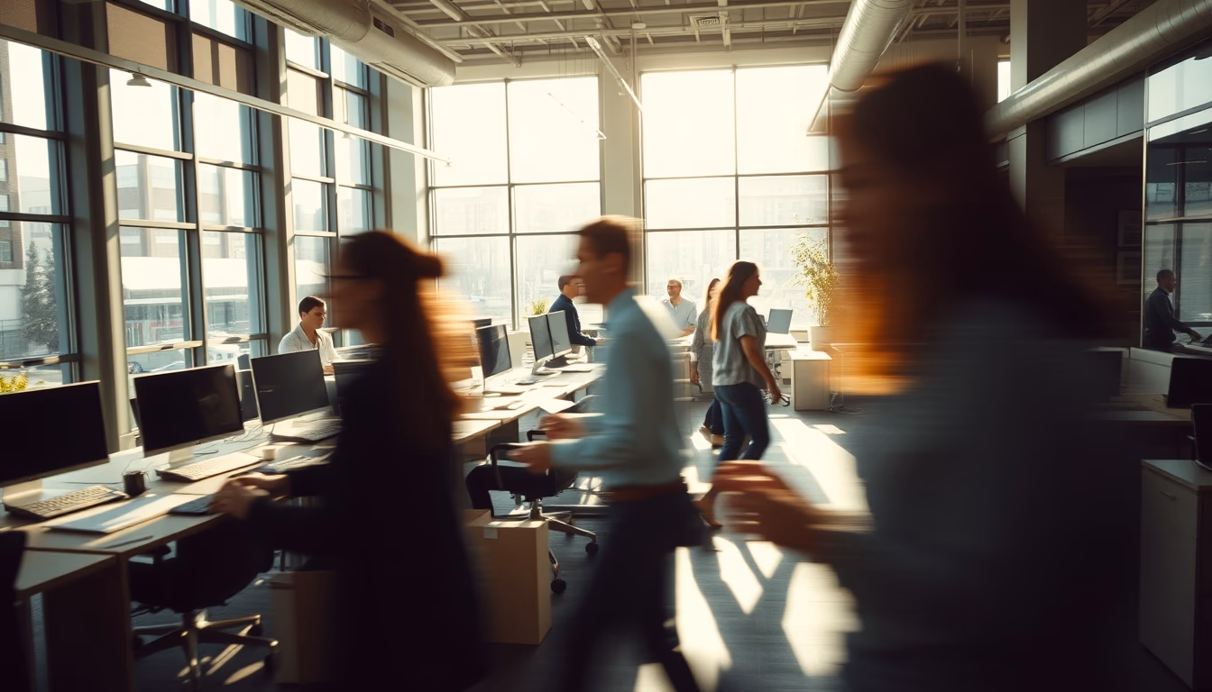 busy open-plan office with motion blur of people working in editorial style