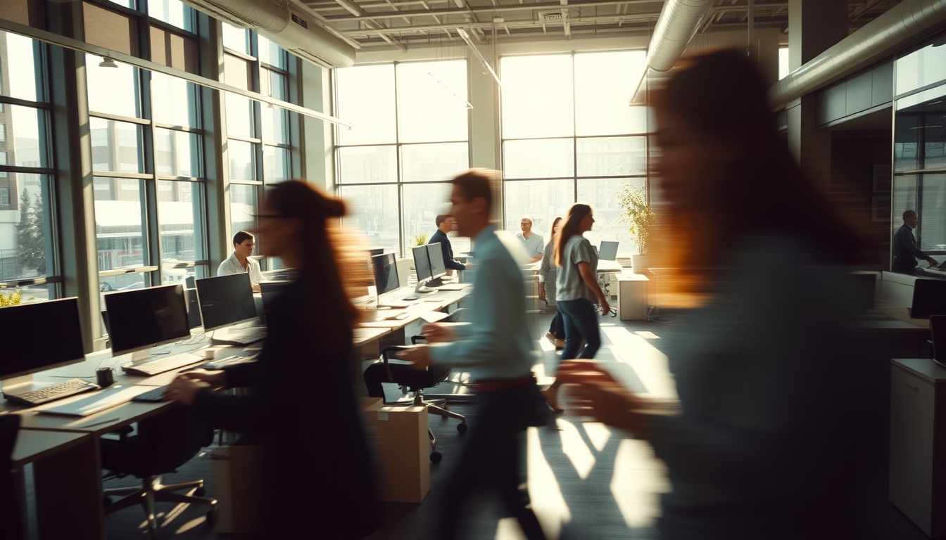 Busy open-plan office with motion blur of people working em estilo editorial