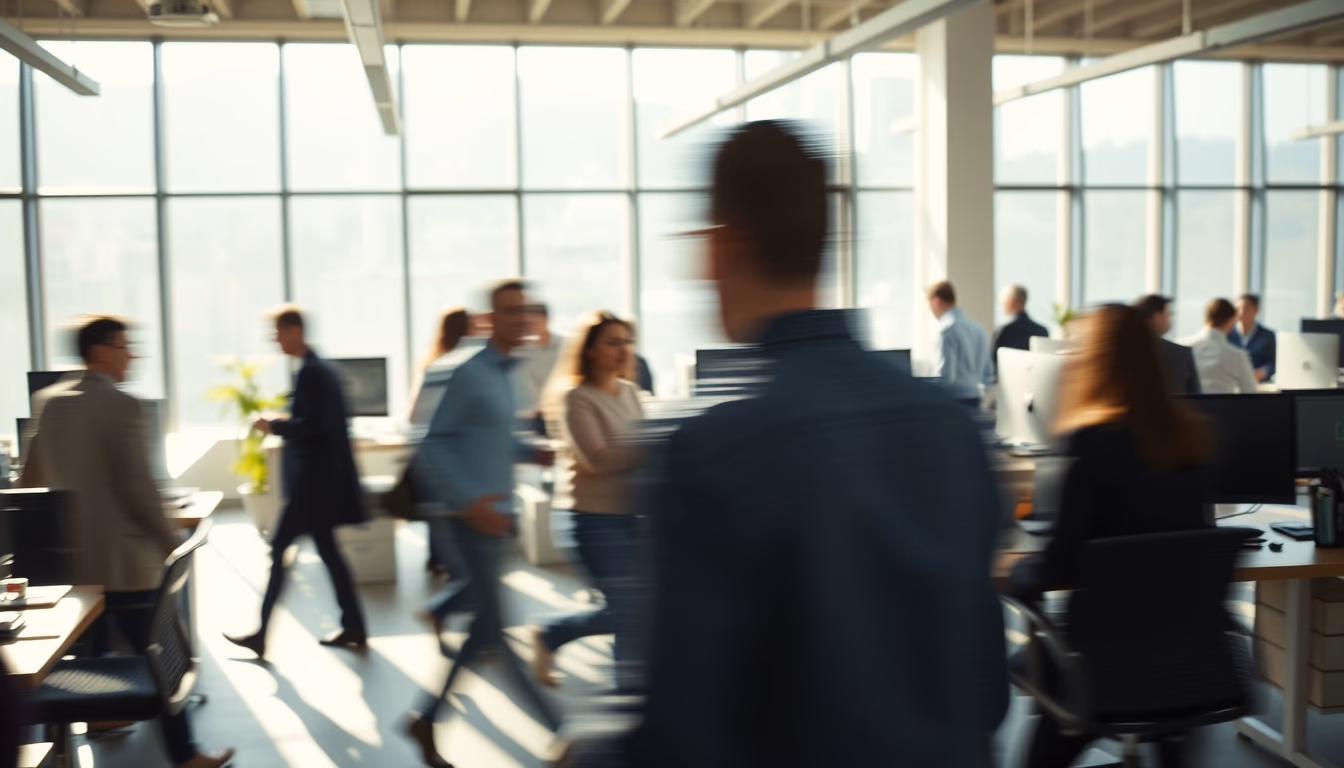 busy open-plan office with motion blur of people working in editorial style