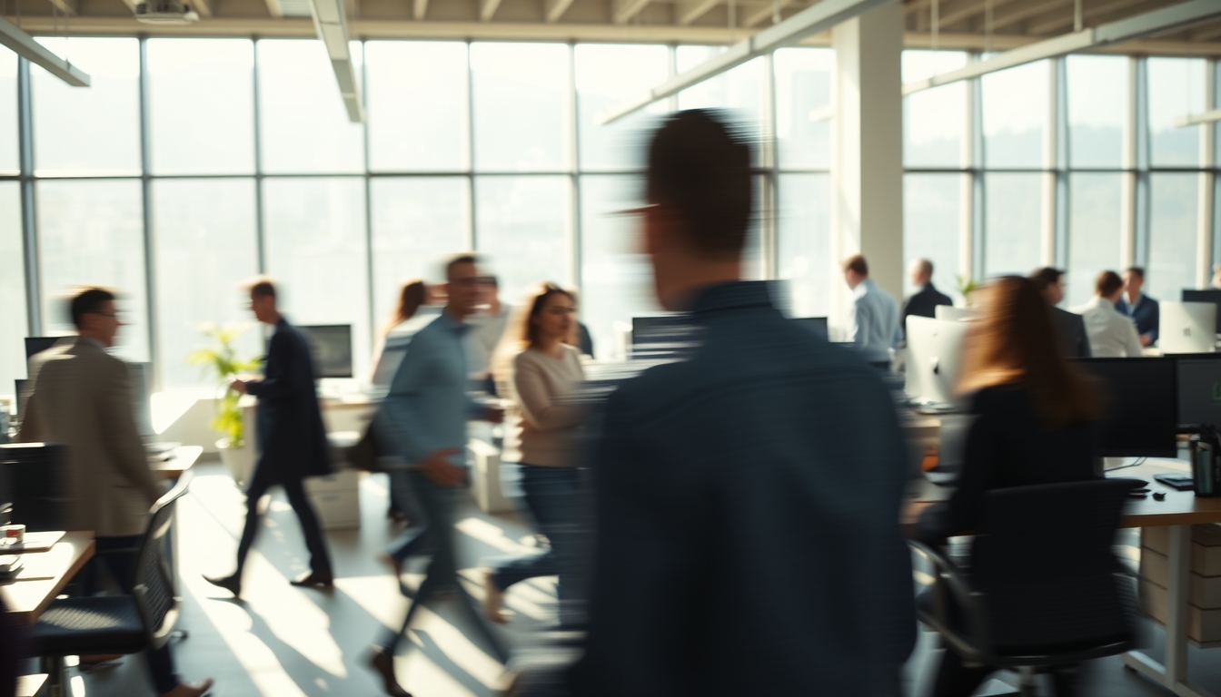 Busy open-plan office with motion blur of people working em estilo editorial