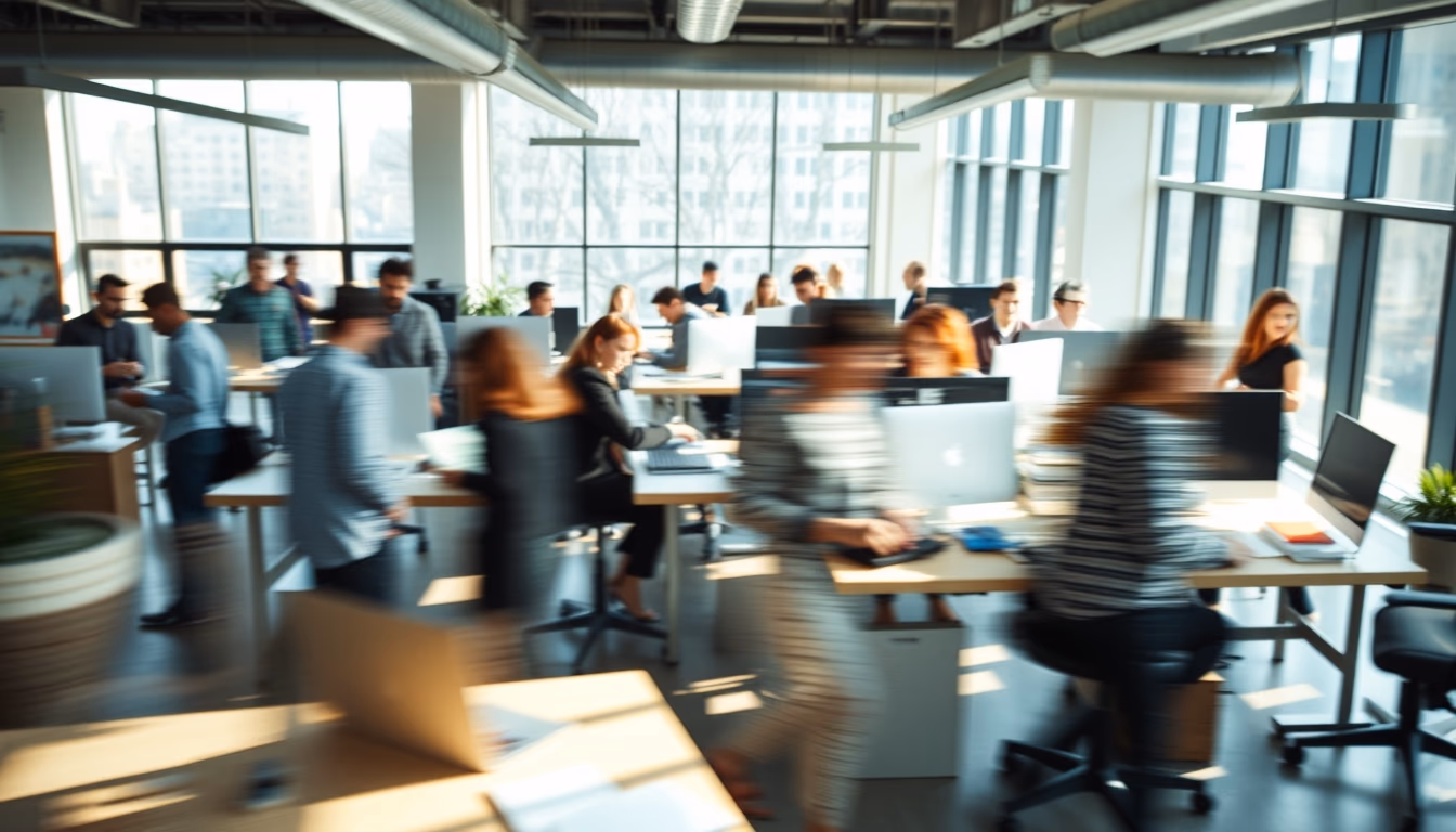 Busy open-plan office with motion blur of people working em estilo editorial