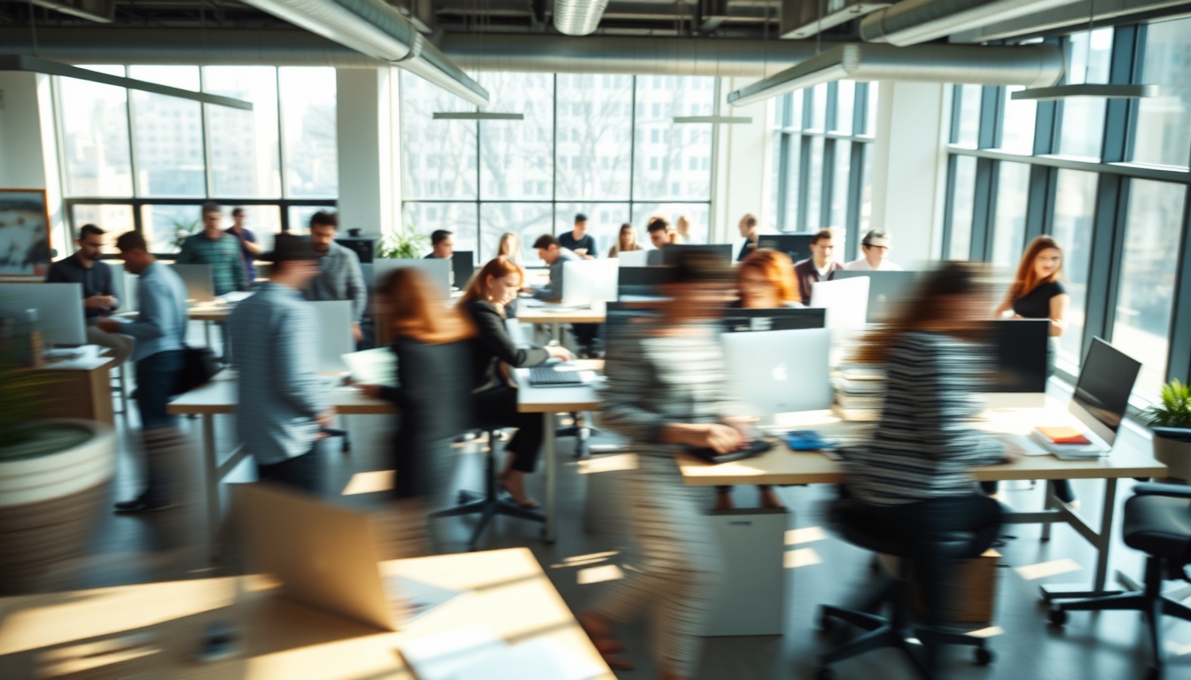 Busy open-plan office with motion blur of people working em estilo editorial