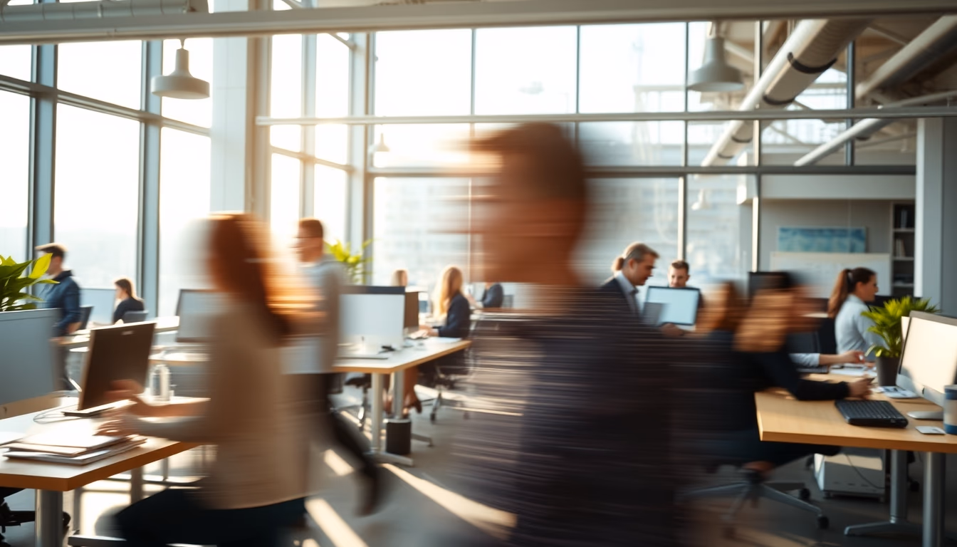 busy open-plan office with motion blur of people working in editorial style
