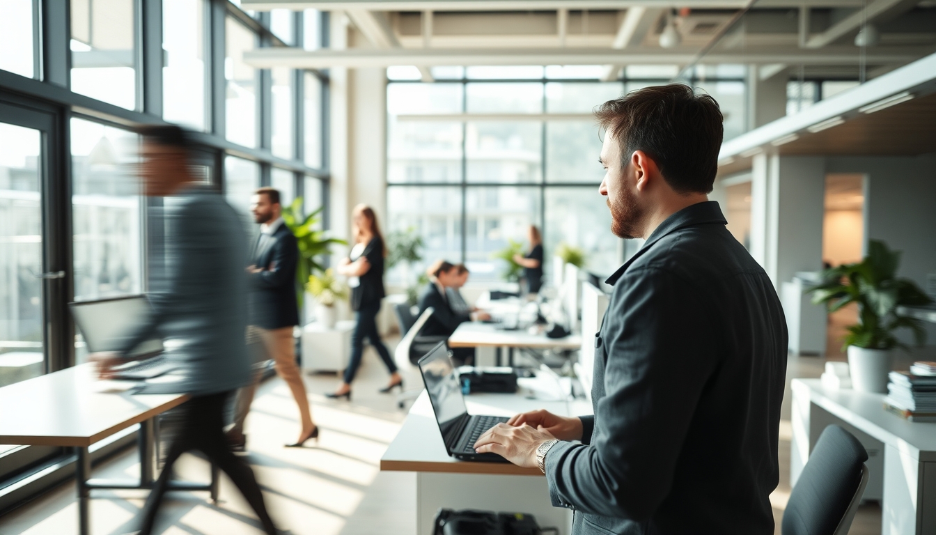 Busy open-plan office with motion blur of people working em estilo editorial