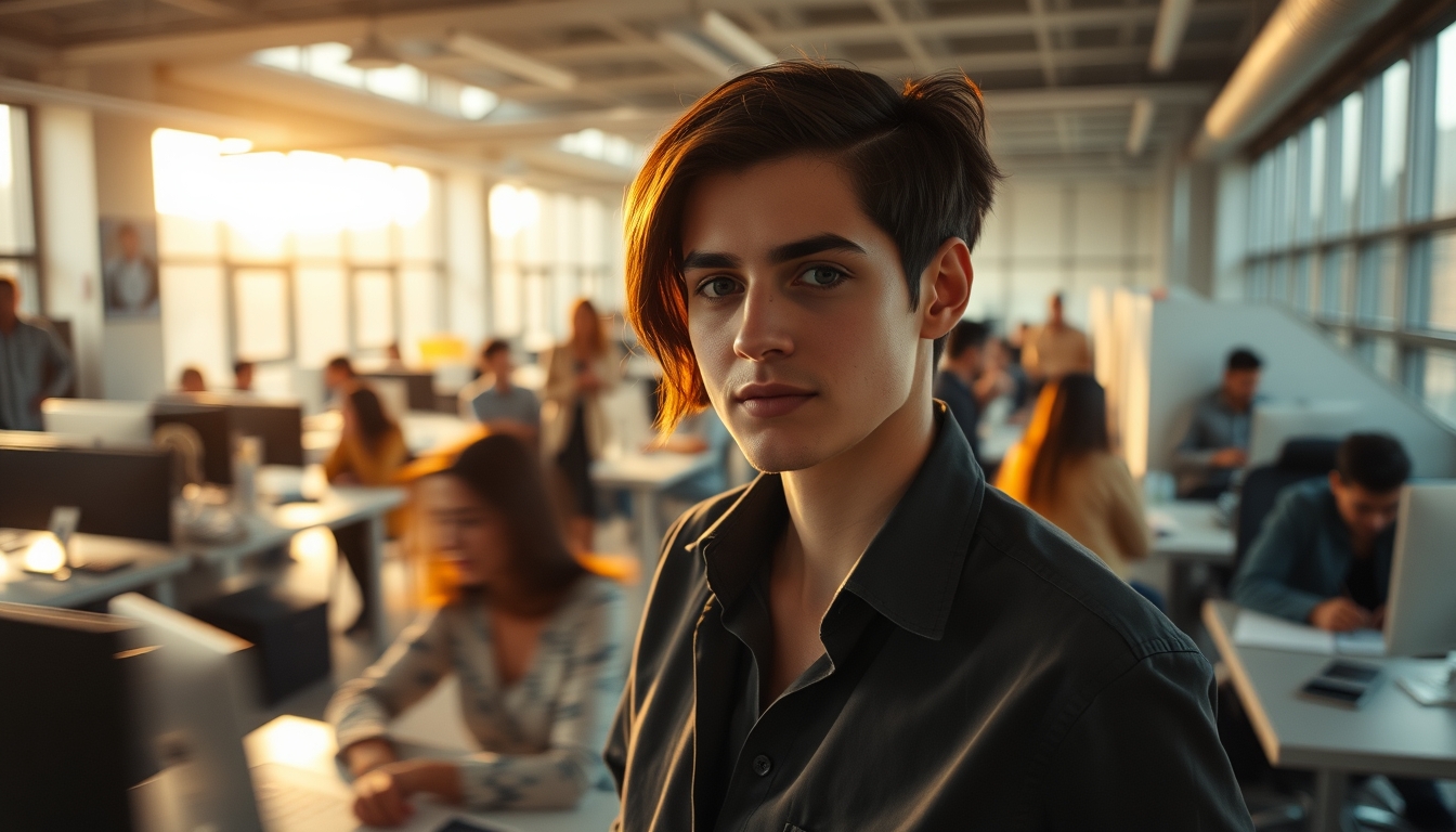 Busy open-plan office with motion blur of people working em estilo editorial