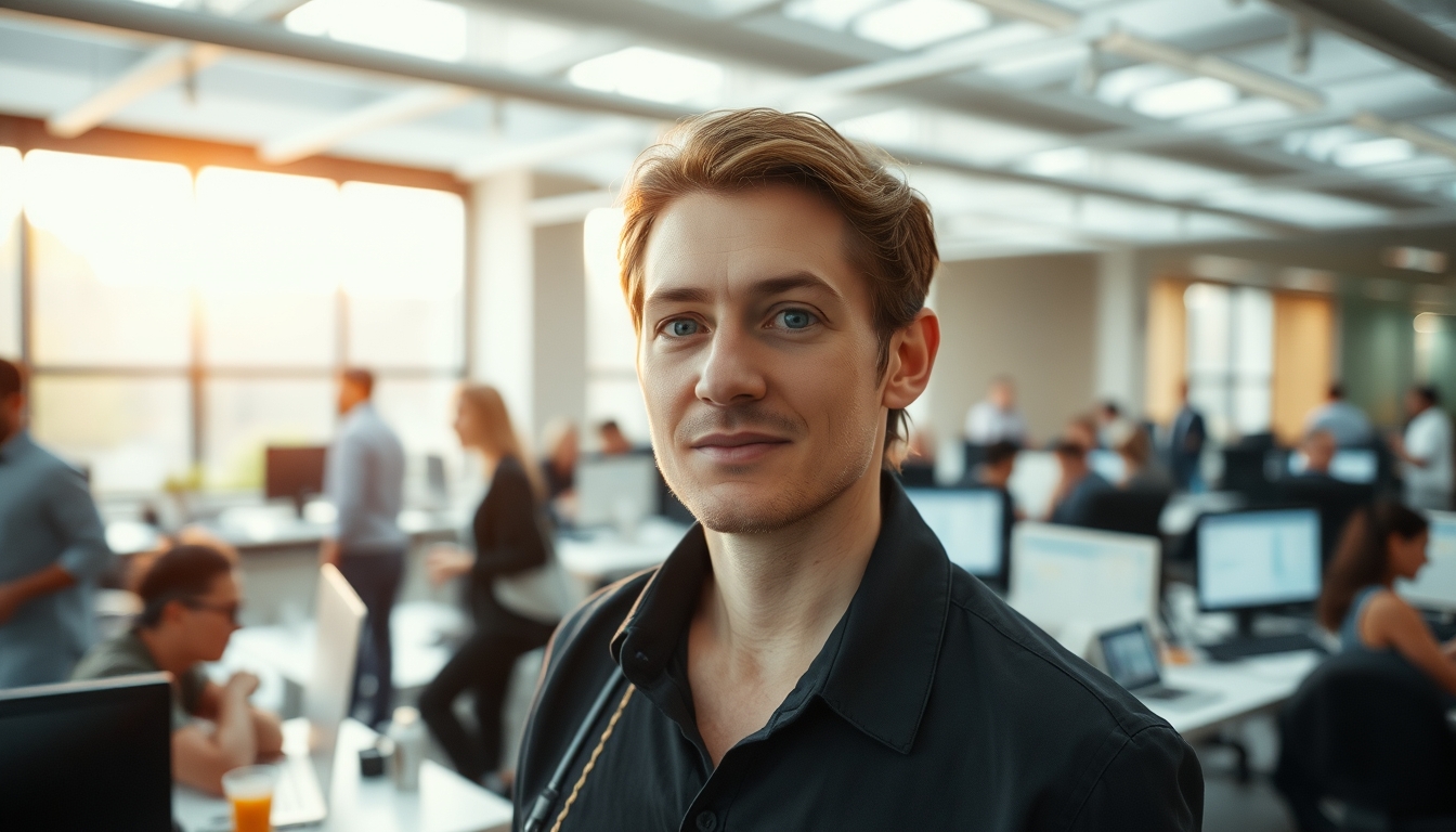Busy open-plan office with motion blur of people working em estilo editorial