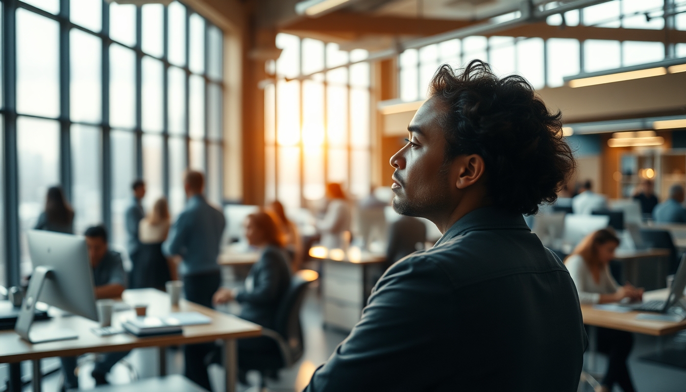 Busy open-plan office with motion blur of people working em estilo editorial