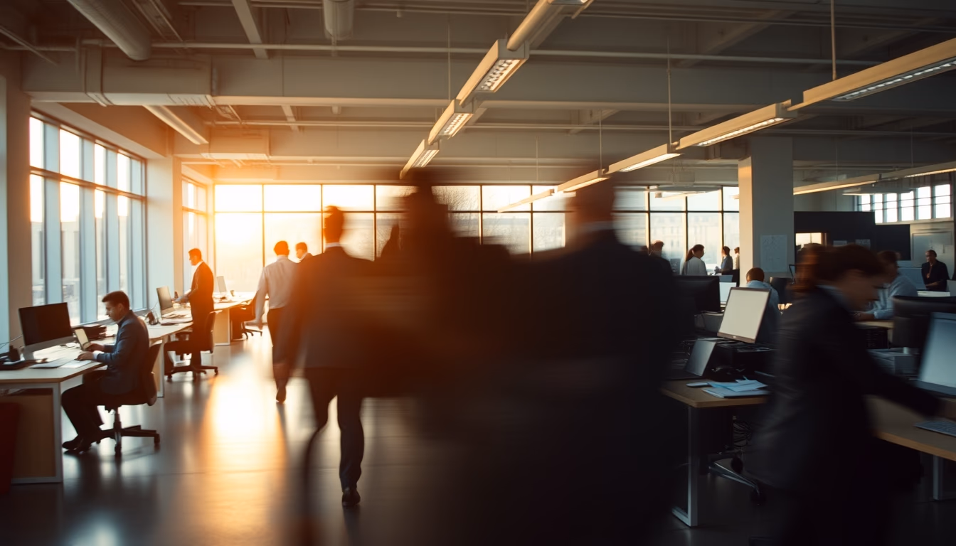 busy open-plan office with motion blur of people working in editorial style