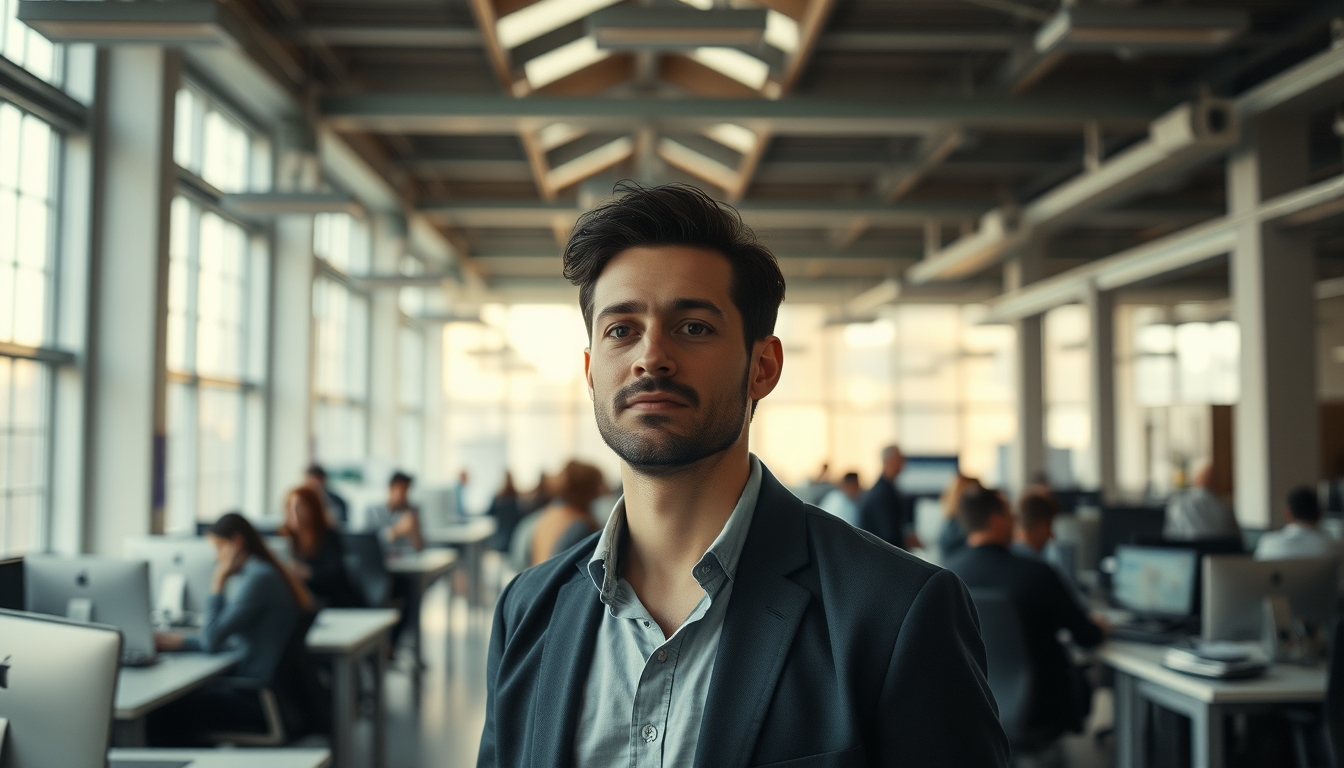 Busy open-plan office with motion blur of people working em estilo editorial