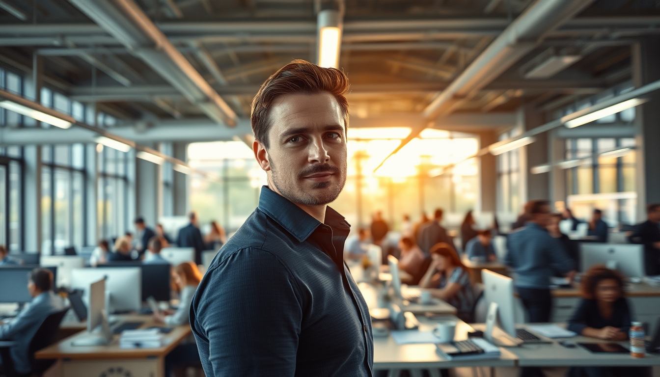 Busy open-plan office with motion blur of people working em estilo editorial