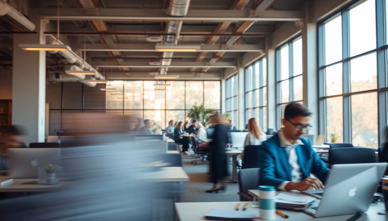 busy open-plan office with motion blur of people working in editorial style