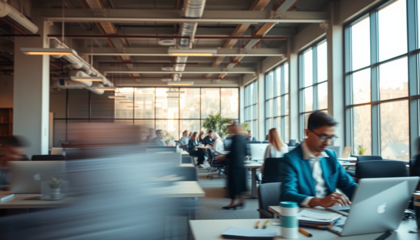 Busy open-plan office with motion blur of people working em estilo editorial