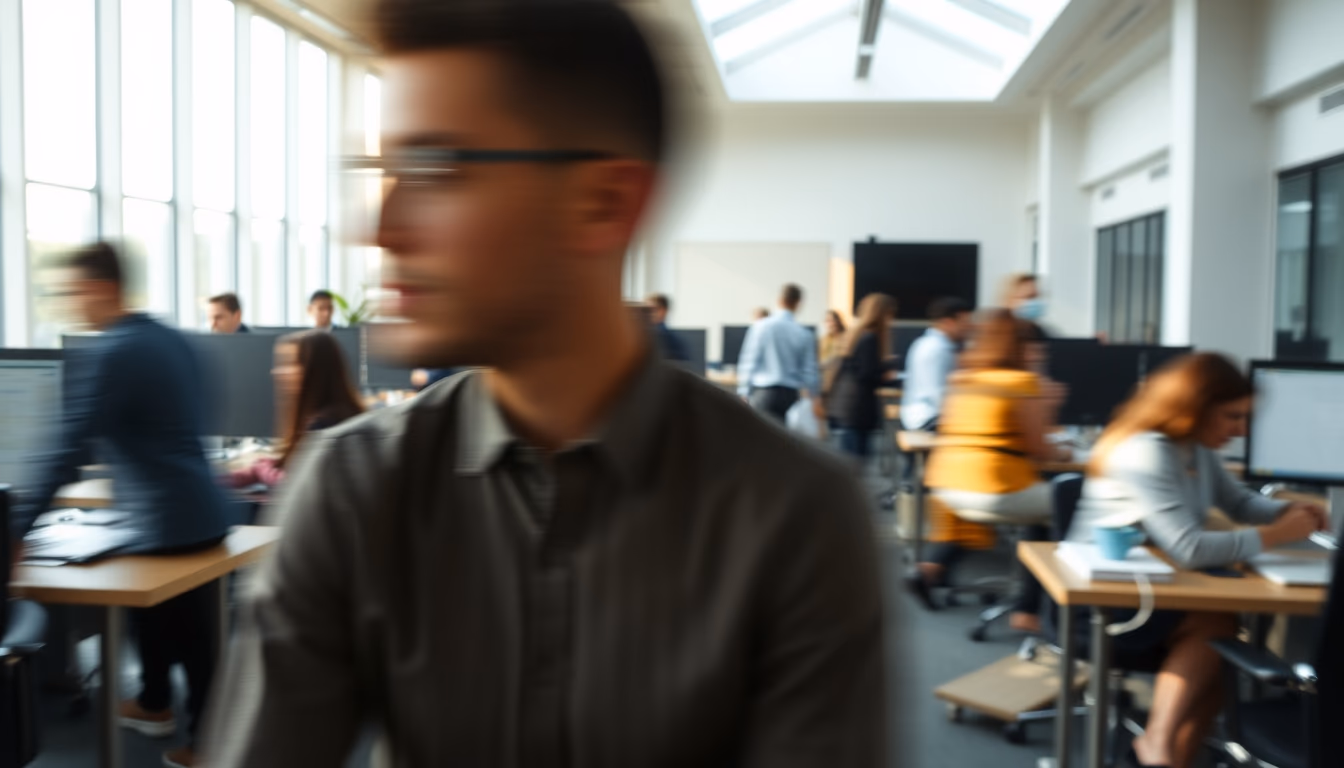 Busy open-plan office with motion blur of people working em estilo editorial