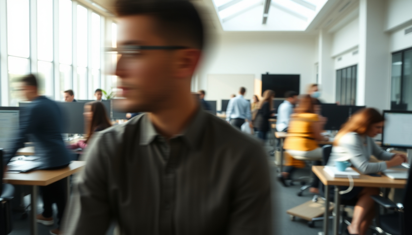 Busy open-plan office with motion blur of people working em estilo editorial