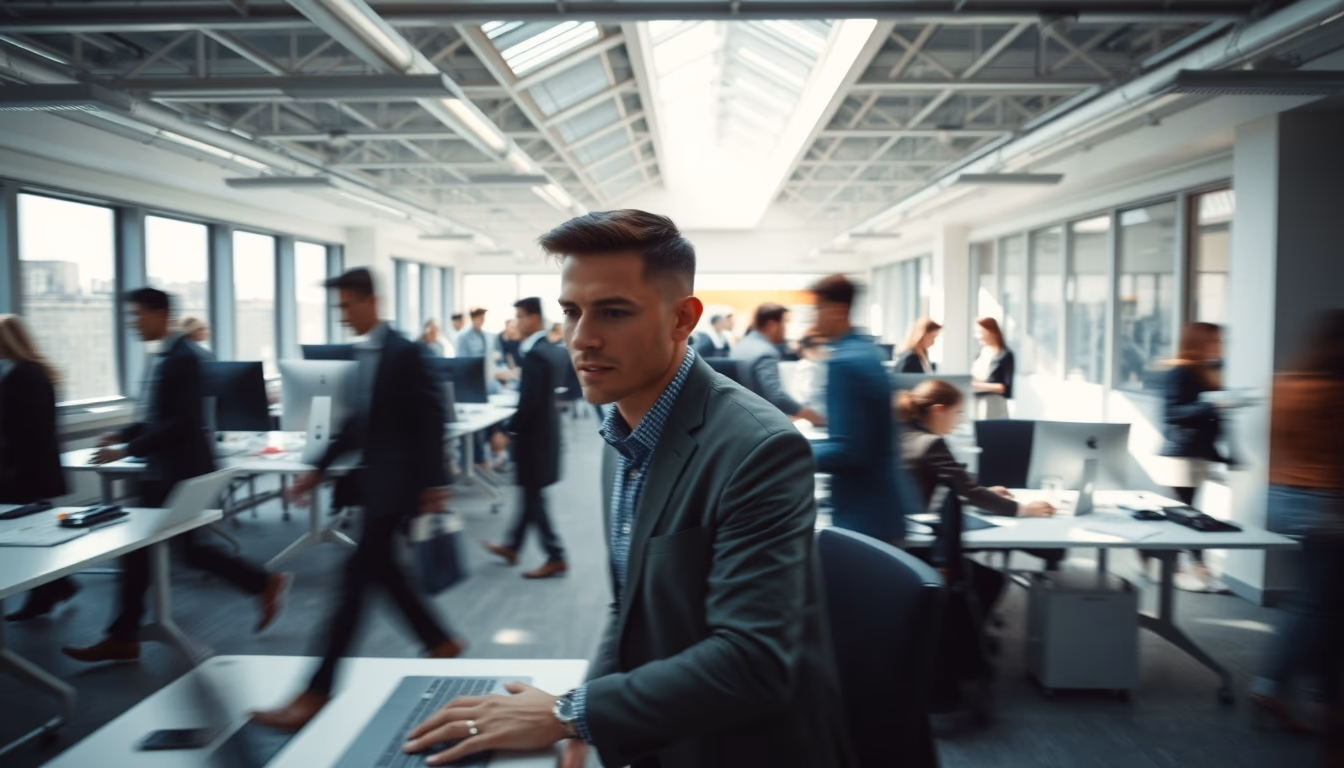 Busy open-plan office with motion blur of people working em estilo editorial