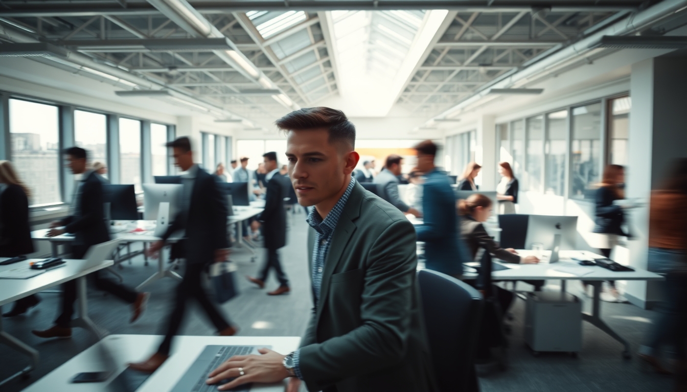 Busy open-plan office with motion blur of people working em estilo editorial