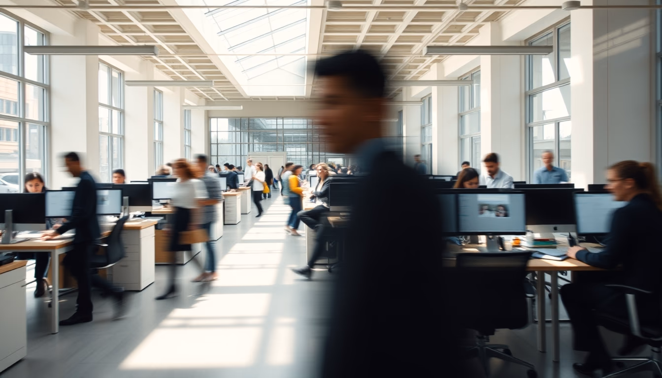 busy open-plan office with motion blur of people working in editorial style