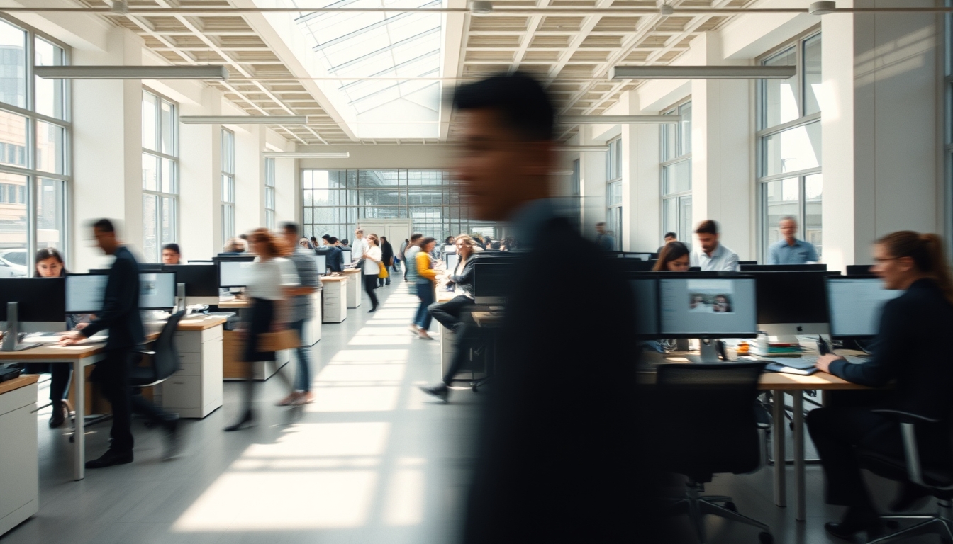 Busy open-plan office with motion blur of people working em estilo editorial