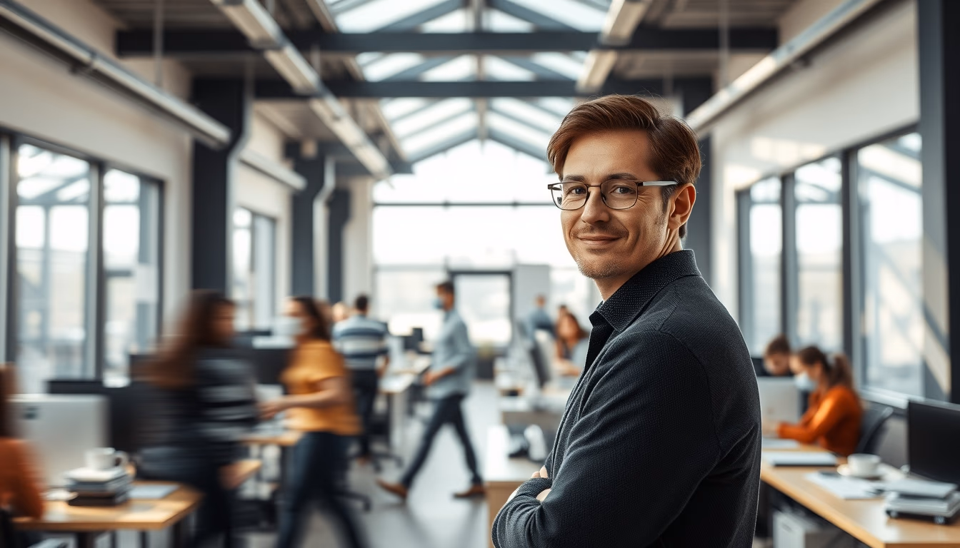 busy open-plan office with motion blur of people working in editorial style