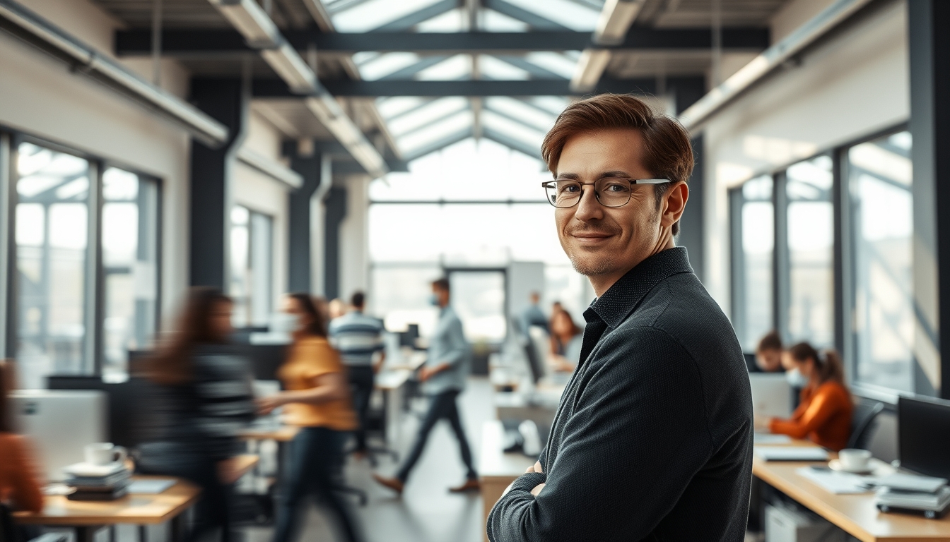 Busy open-plan office with motion blur of people working em estilo editorial