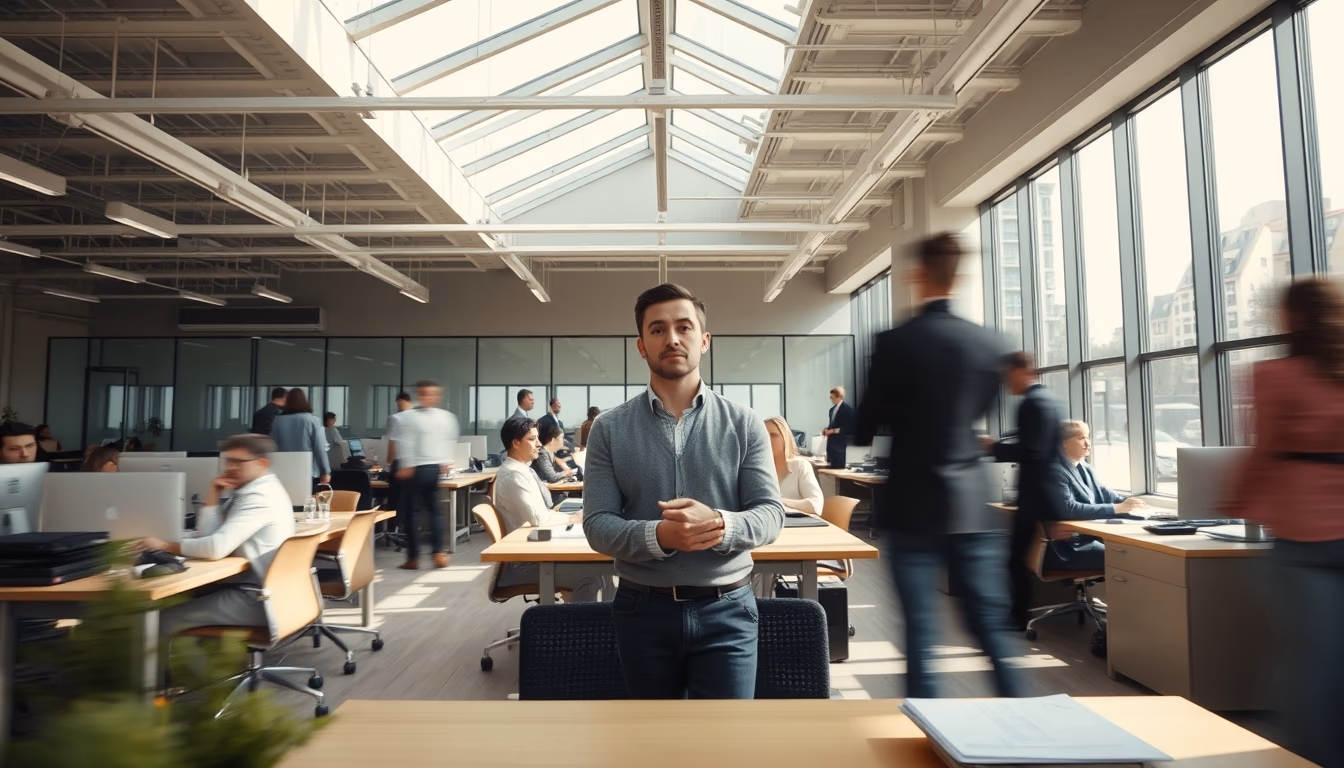 busy open-plan office with motion blur of people working in editorial style