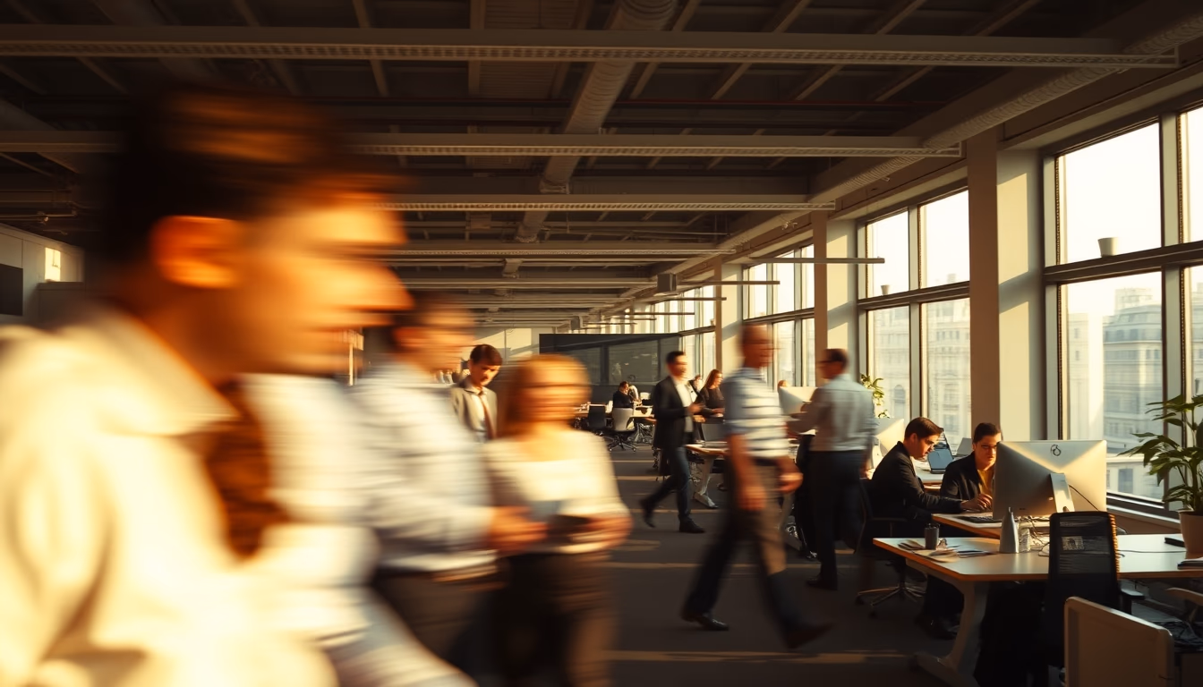 Busy open-plan office with motion blur of people working em estilo editorial
