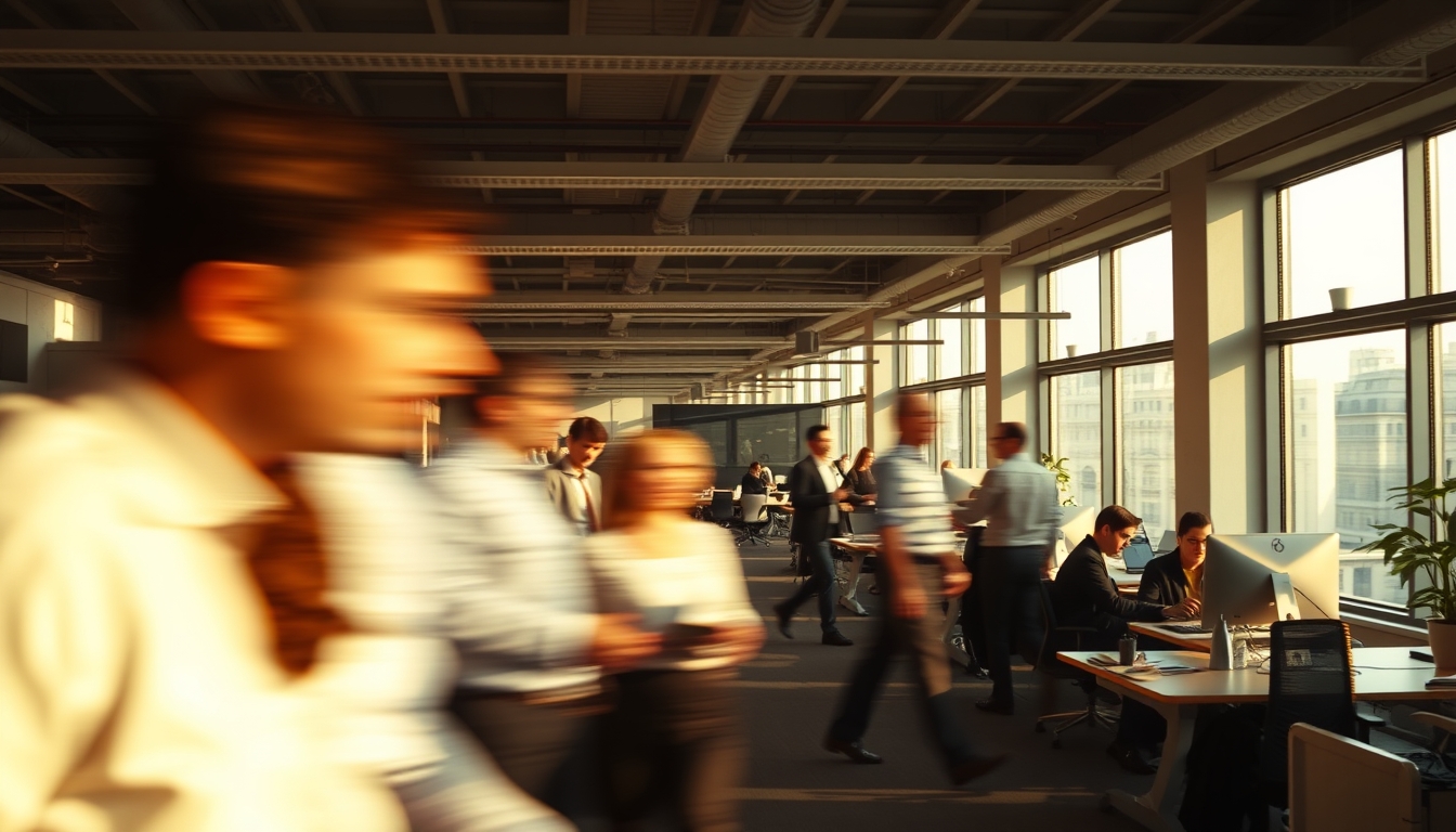 Busy open-plan office with motion blur of people working em estilo editorial