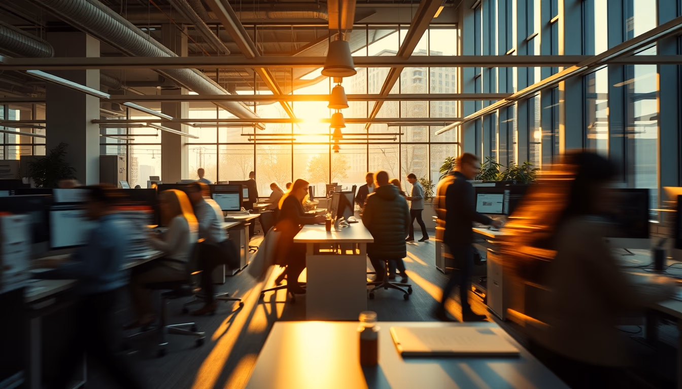 busy open-plan office with motion blur of people working in editorial style