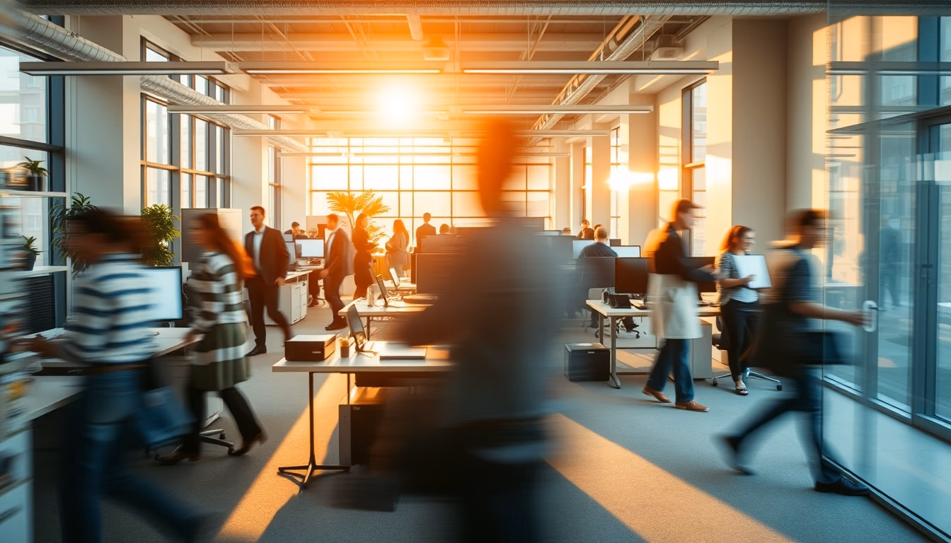 busy open-plan office with motion blur of people working in editorial style