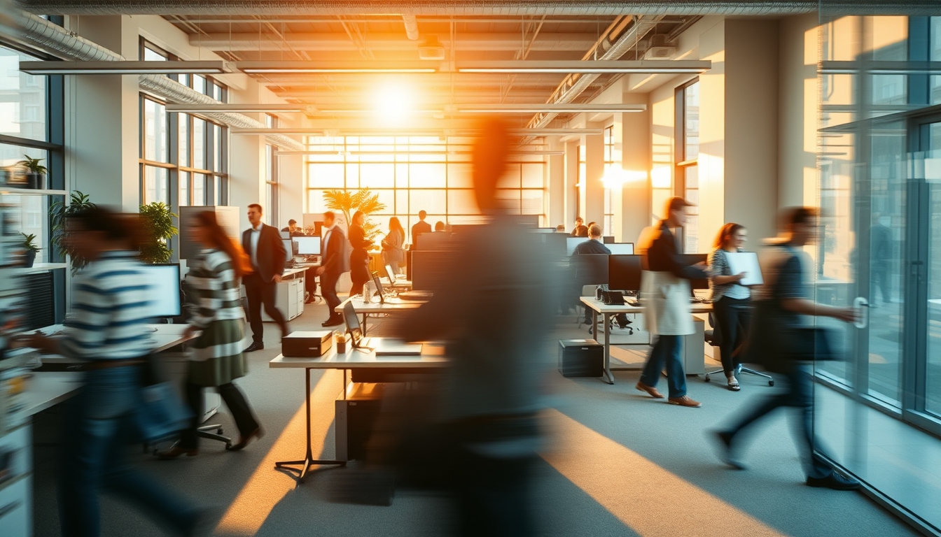 Busy open-plan office with motion blur of people working em estilo editorial