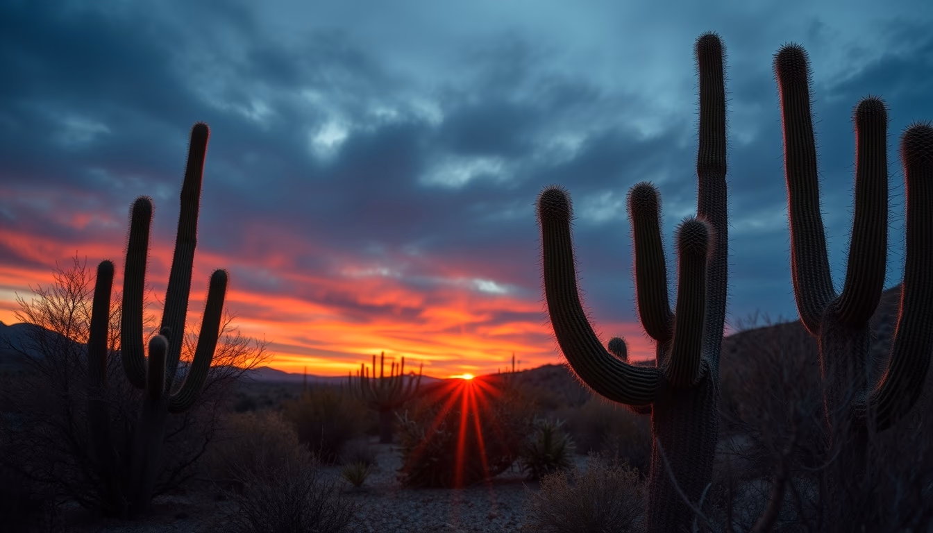 cactus desert sunset in editorial style