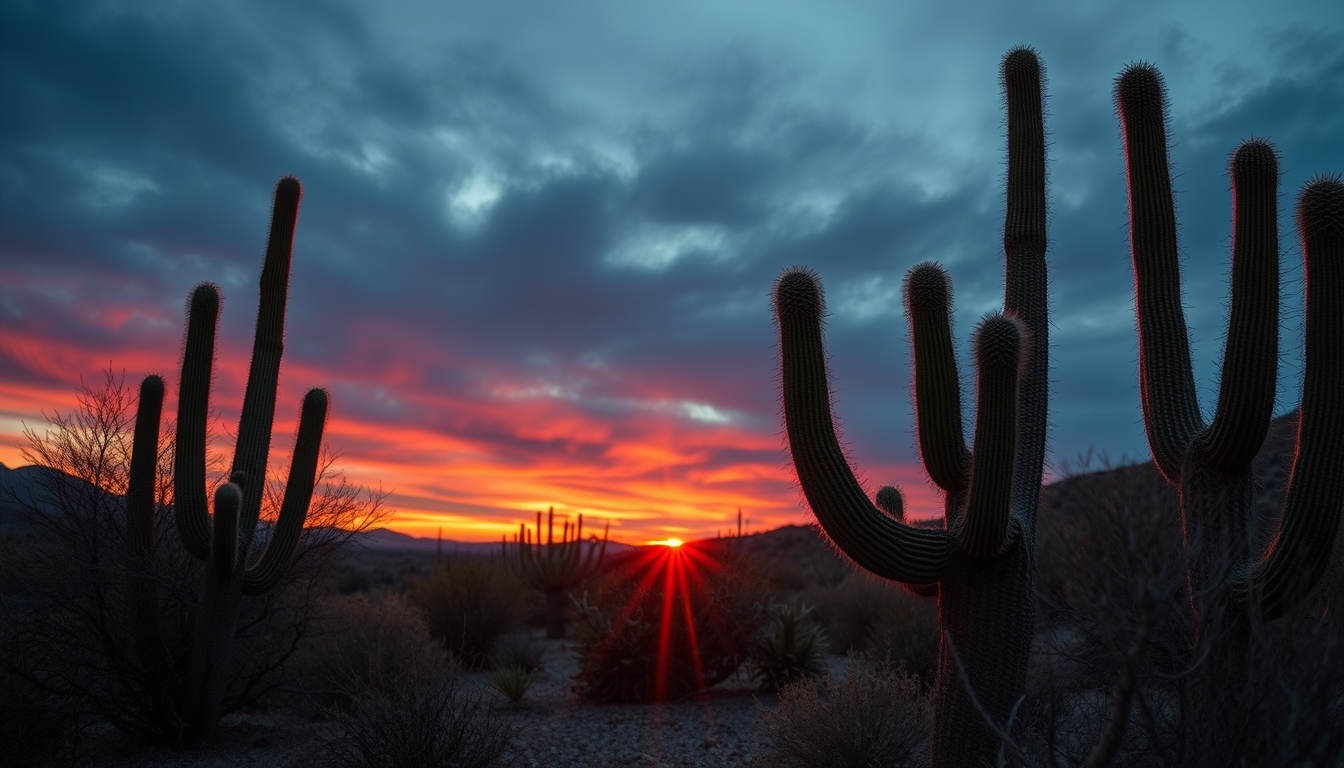 cactus desert sunset in editorial style