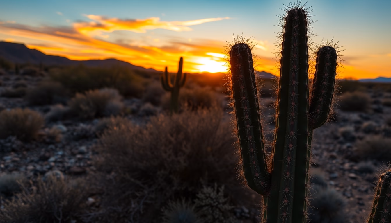 cactus desert sunset in editorial style