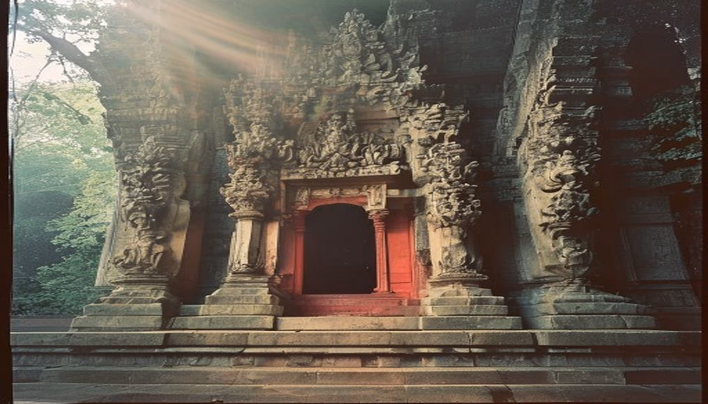 cambodian temple bas relief in editorial style