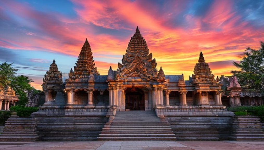 cambodian temple bas relief in editorial style