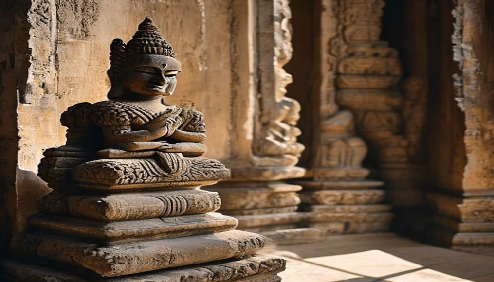 cambodian temple bas relief in editorial style