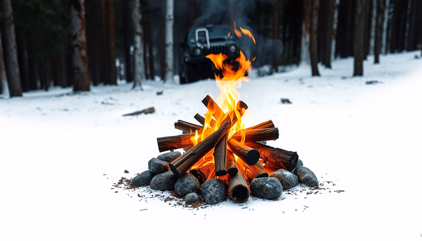 campfire roaring forest in editorial style