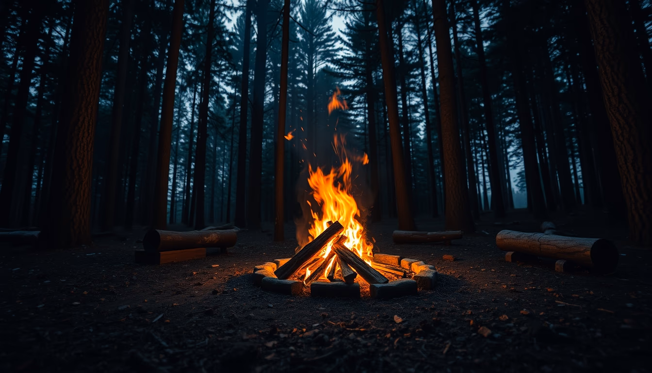 campfire roaring forest in editorial style