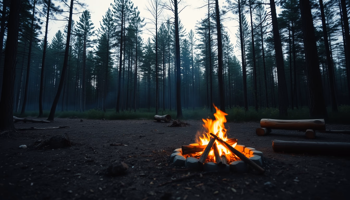 campfire roaring forest in editorial style
